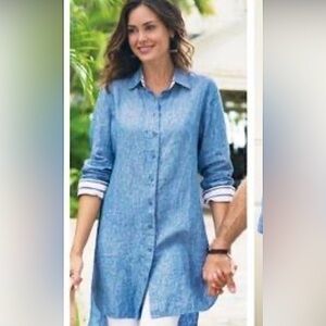 SOFT SURROUNDINGS CHAMBRAY LIGHTWEIGHT LINEN HIGHLOW 3/4 SLEEVE TUNIC MEDIUM